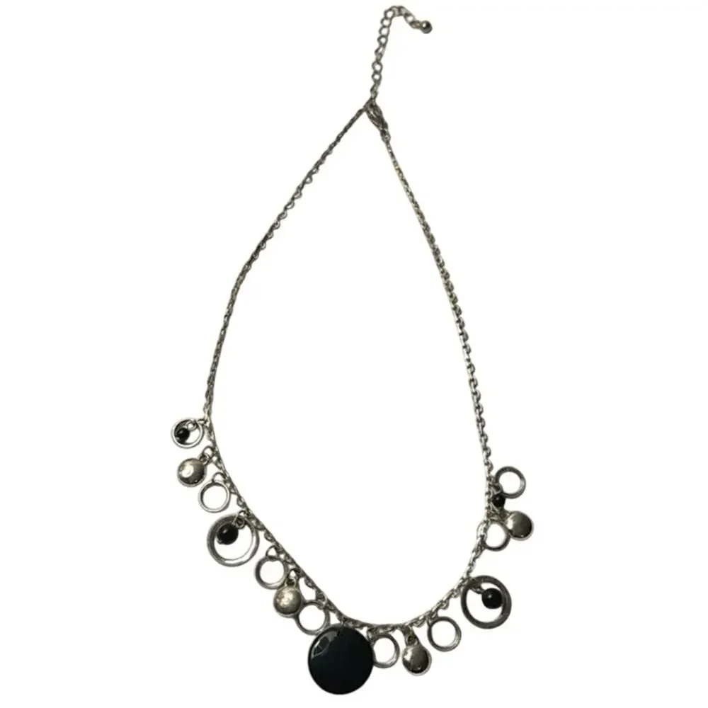 Silver Tone Circle Dangle Necklace Black Beads Modern 16”